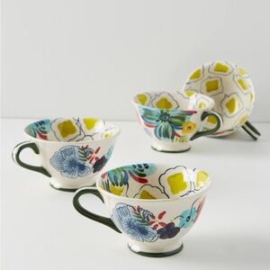 Set of 4 Anthropologie Sissinghurst Castle Floral Footed Mugs / Cups - Rare